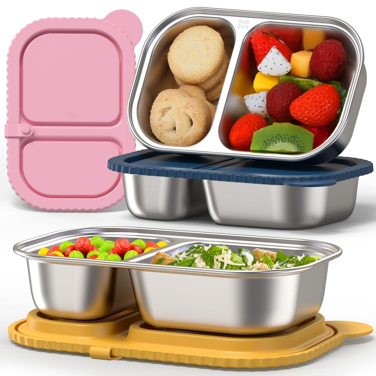 ICEROYCE 3-pack stainless steel snack containers with silicone lids for airtight freshness