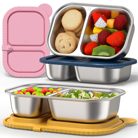 ICEROYCE 3-pack stainless steel snack containers with silicone lids for airtight freshness