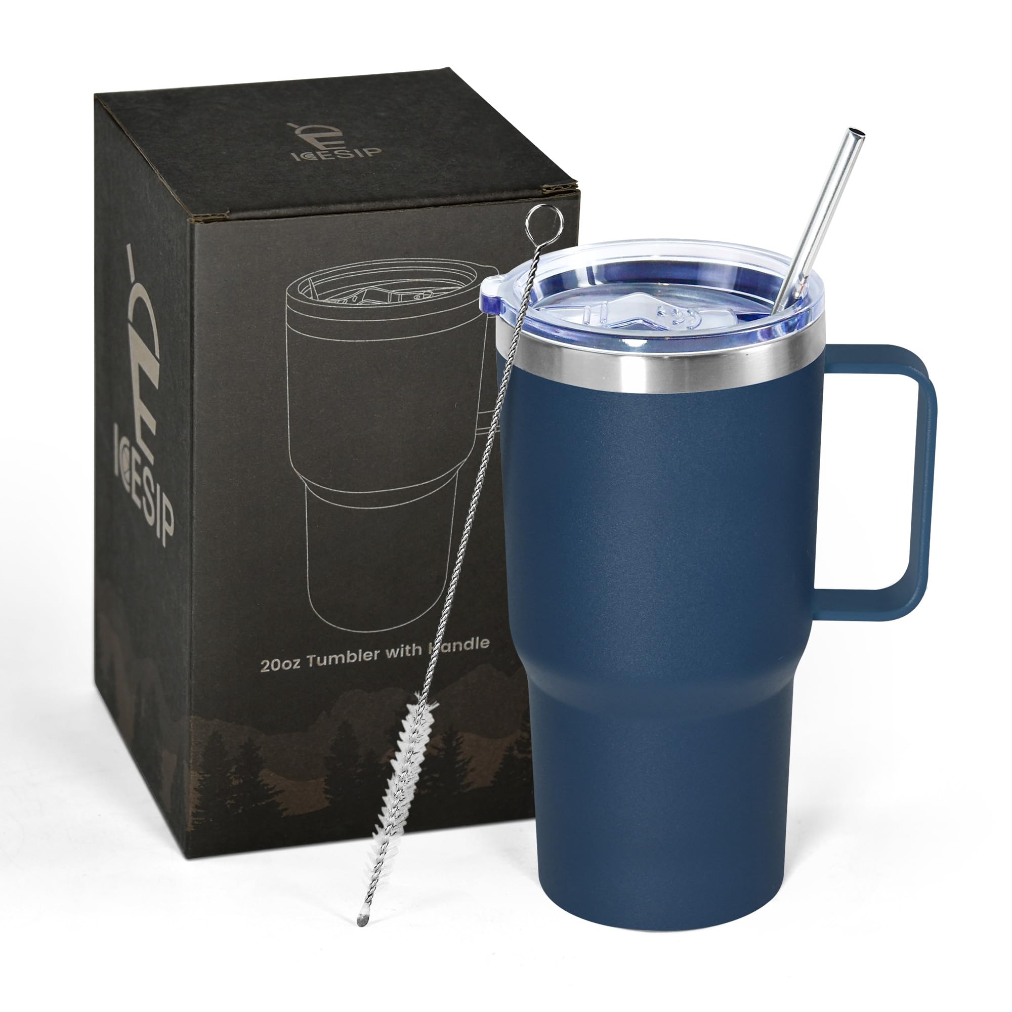 Icesip 20 oz tumbler with handle, front view, easy grip for on-the-go hydration.