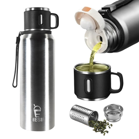 Icesip bottle with cup demonstrates hot and cold beverage versatility