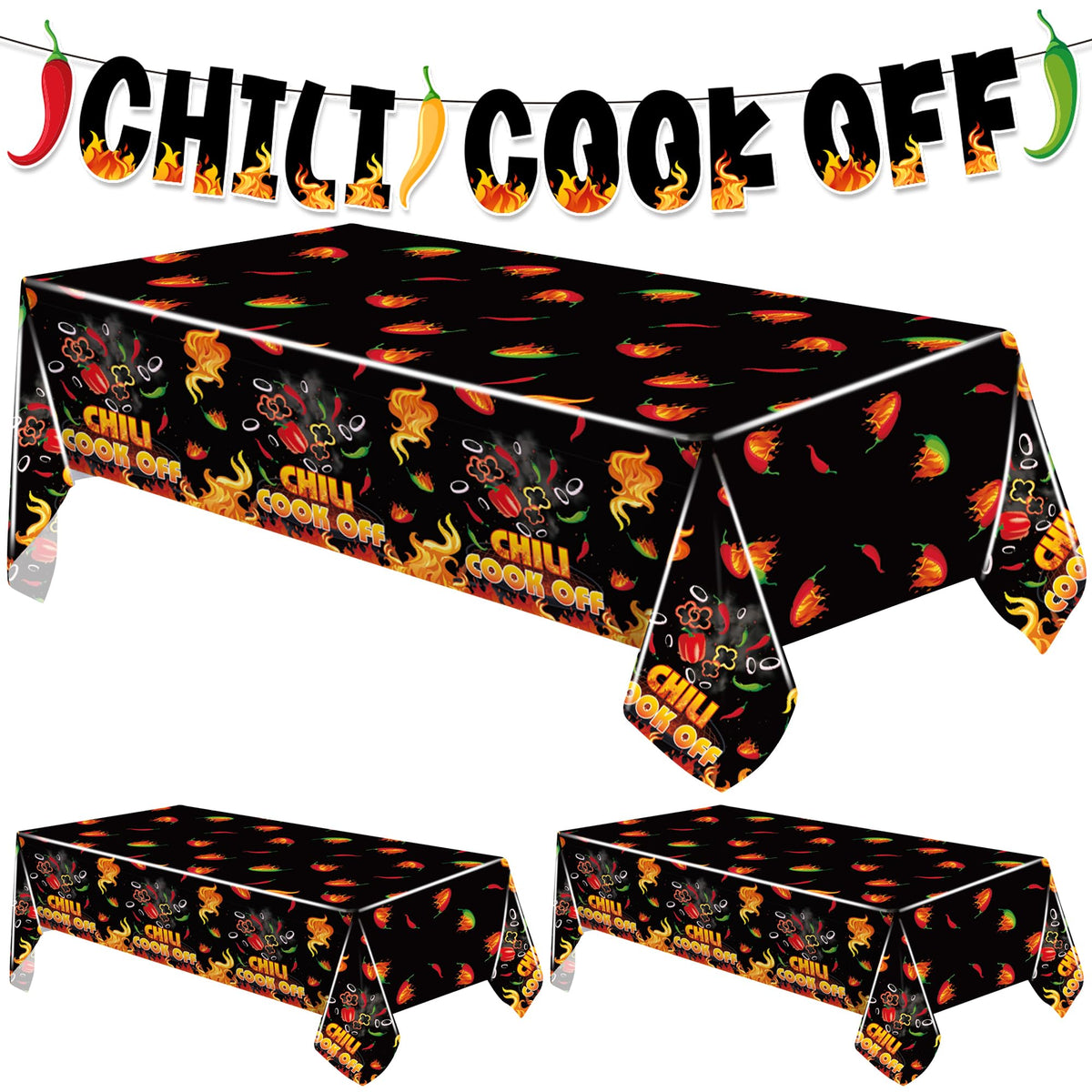 Iceyyyy chili cook-off tablecloth 108x54 protects surfaces with bold black pepper design.