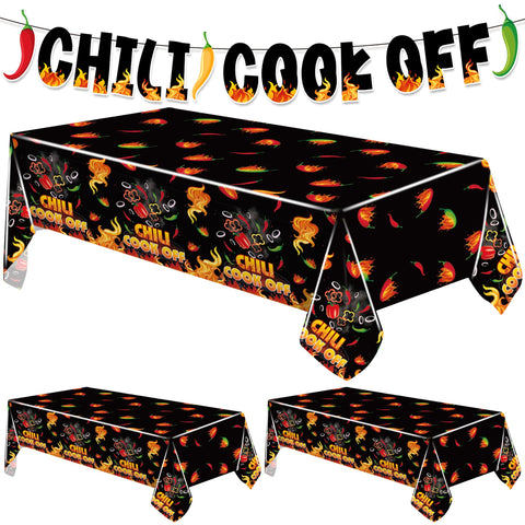 Iceyyyy chili cook-off tablecloth 108x54 protects surfaces with bold black pepper design.