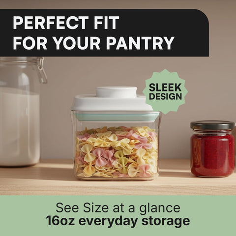 iChewie BopTop square-16oz container stacks neatly for pantry organization.
