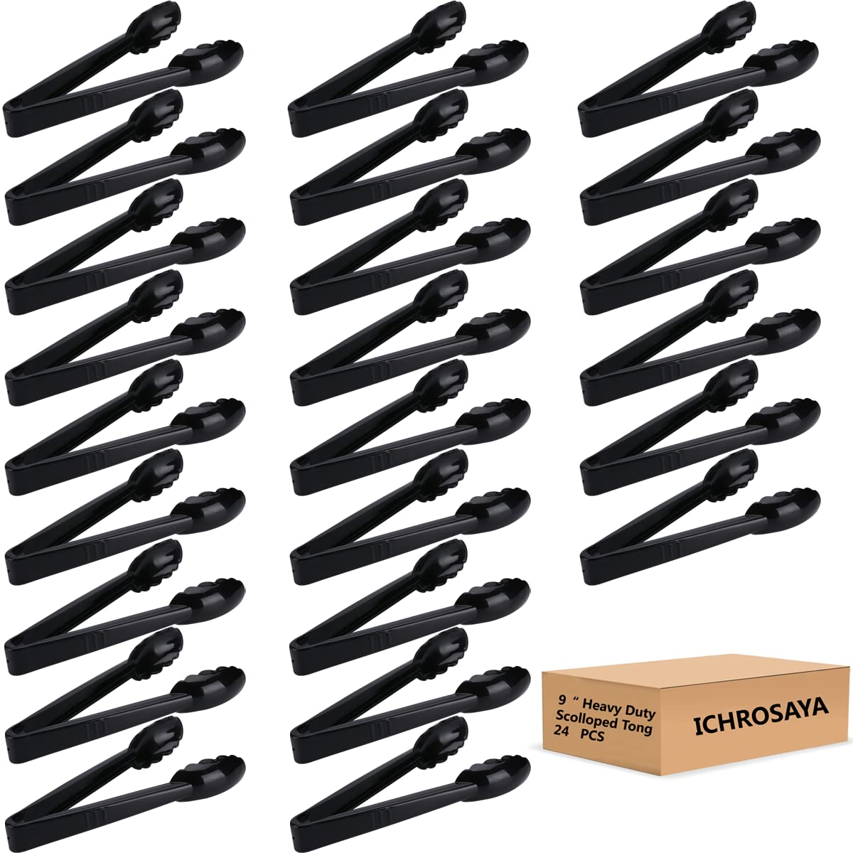 ICHROSAYA 24-piece plastic salad tongs with scalloped head are ideal for buffets.