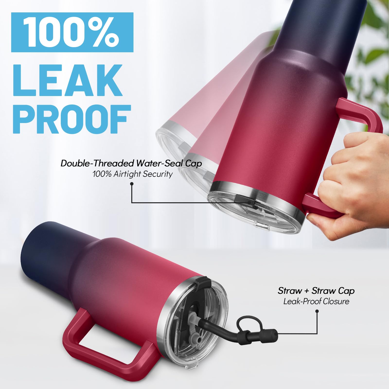 ICIOI leakproof 2-in-1 lid keeps sipping or chugging leak-free.