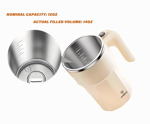 ICOECO self-stirring mug 316 stainless construction supports hot and cold beverages.
