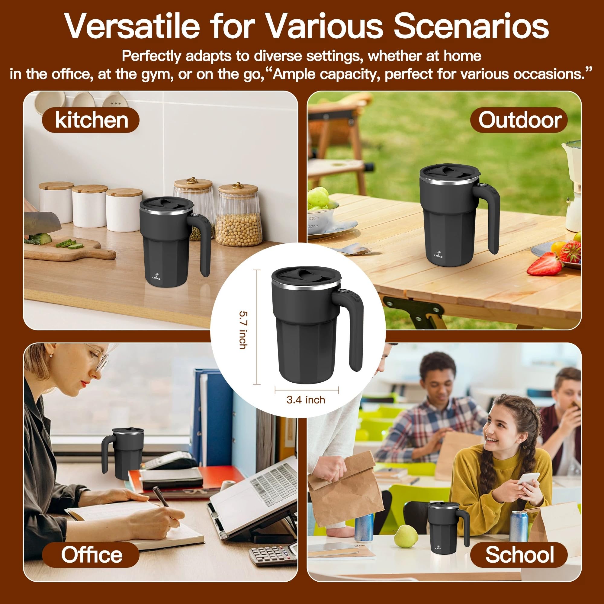 ICOECO self-stirring mug travel-friendly design fits bag or desk setup.