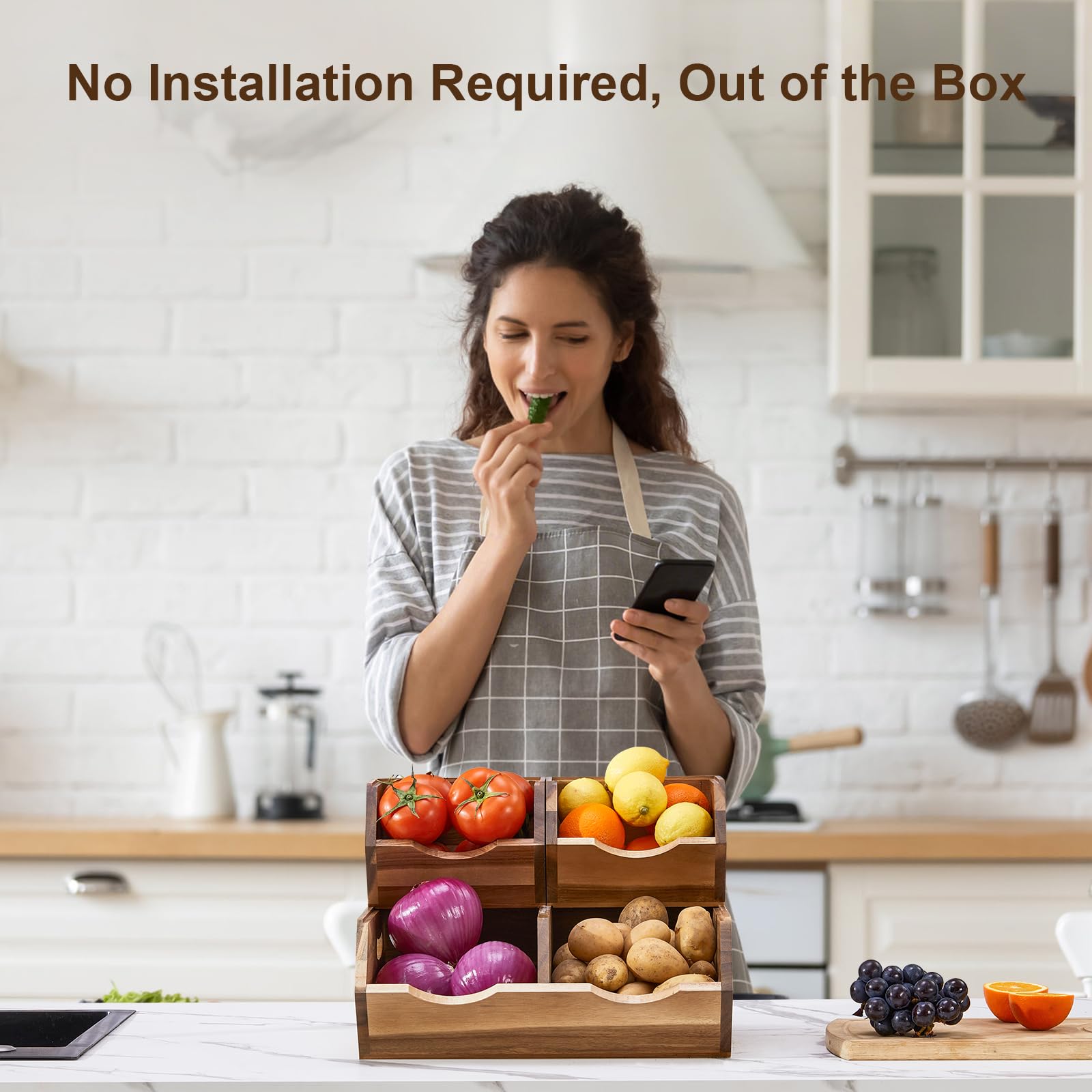 ICOHOT acacia wood pantry bin on countertop for quick access