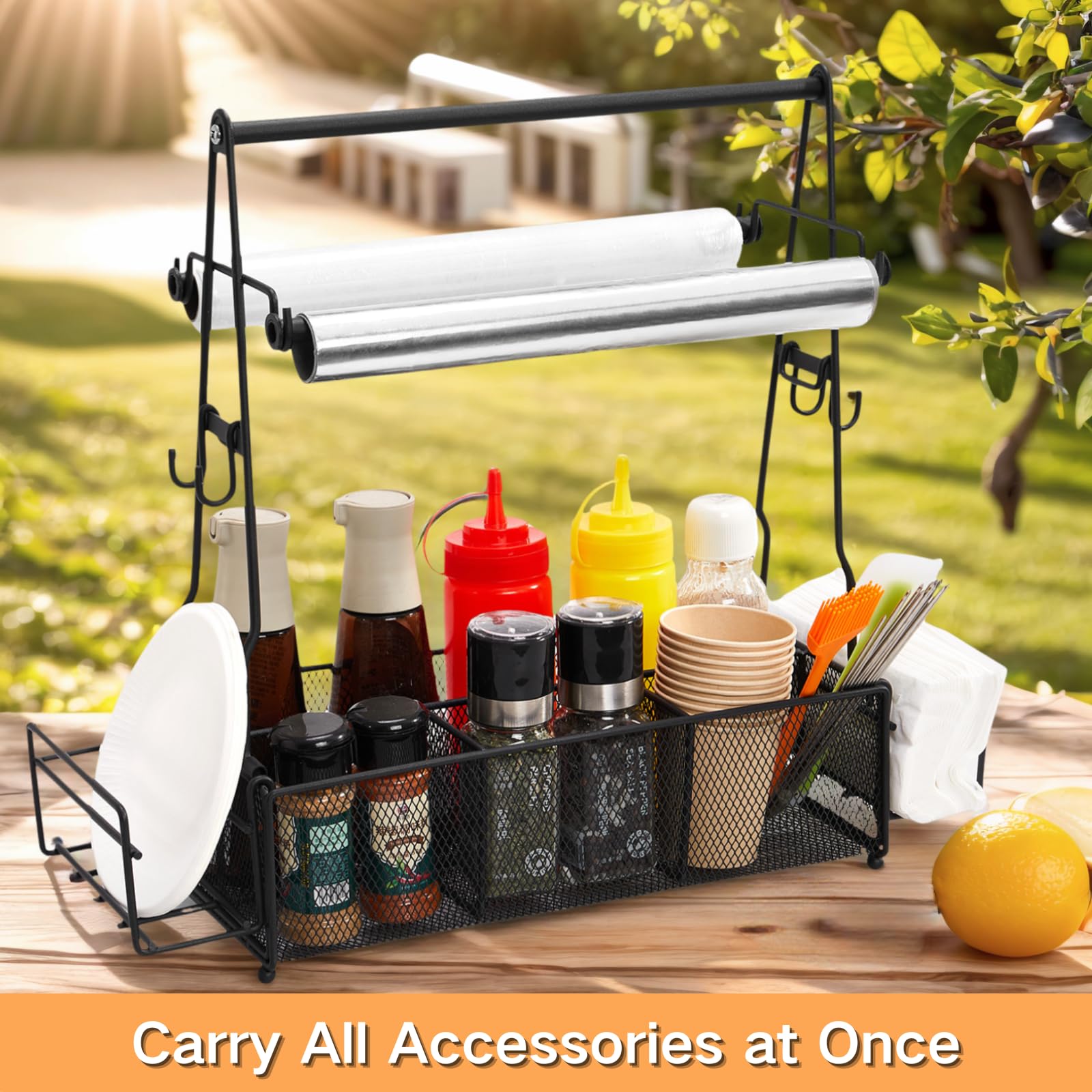 ICOHOT Caddy shows four hooks for easy access to tongs and brushes.