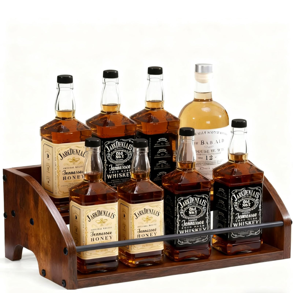 ICOHOT wooden liquor display shelf 2-tier on countertop highlights bottles for easy access.