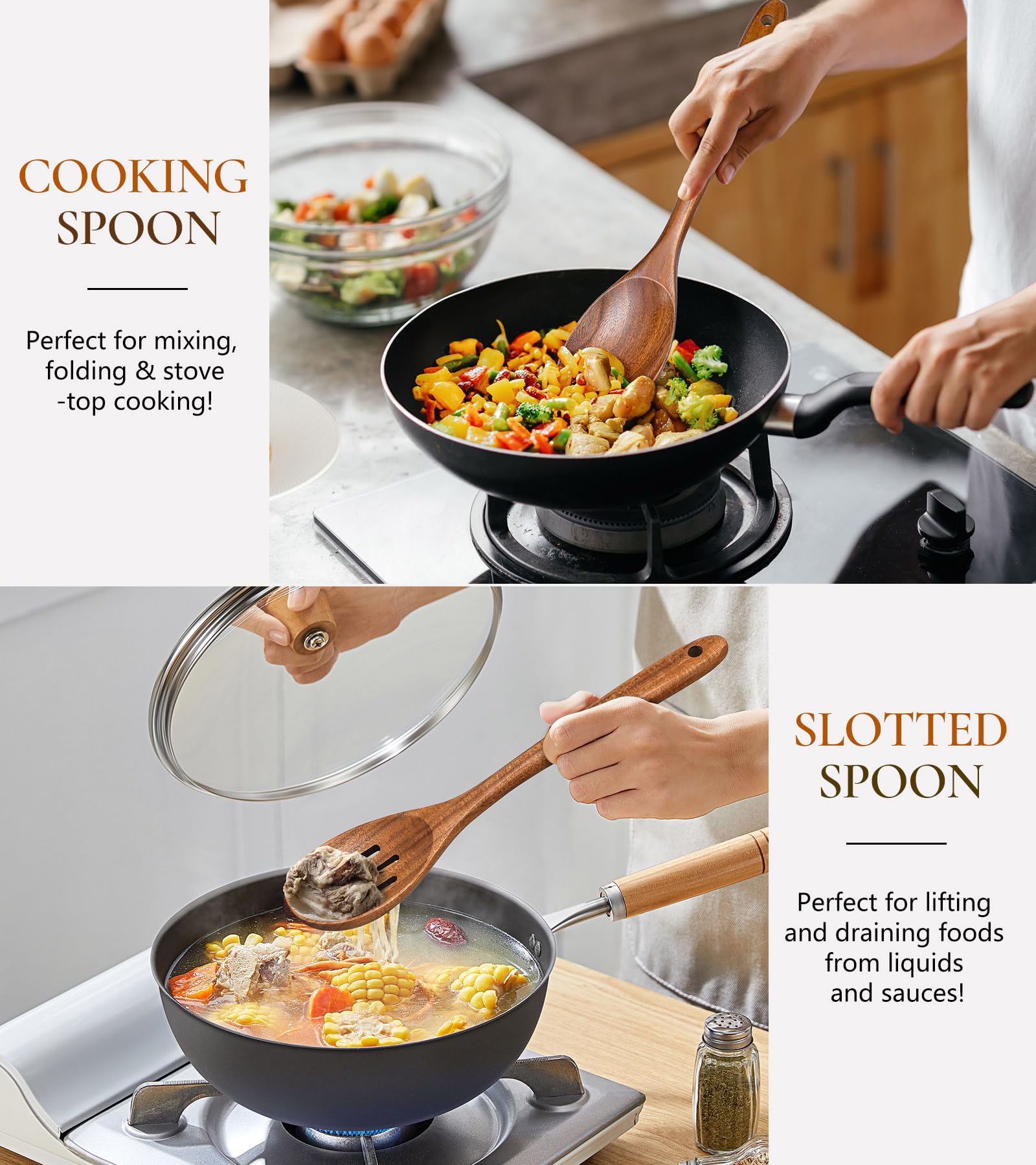 ICSTI heat-resistant teak spoons in use with nonstick cookware