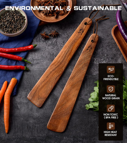 ICSTI teak spatula with ergonomic handle for comfortable cooking control.