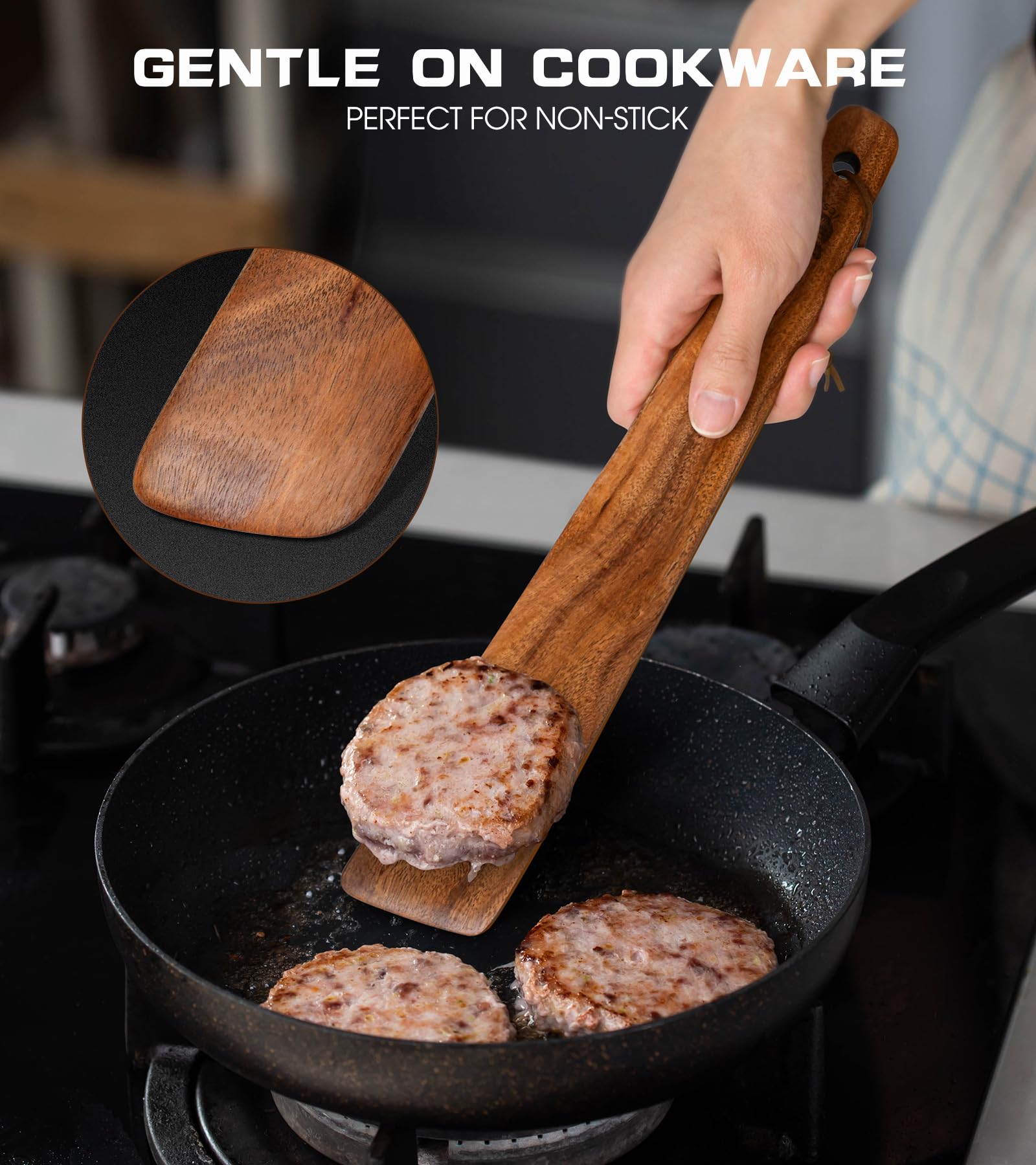 ICSTI teak spatula scraper ideal for cleaning cast iron surfaces.