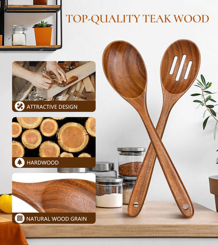 ICSTI teak slotted spoon draining water from vegetables