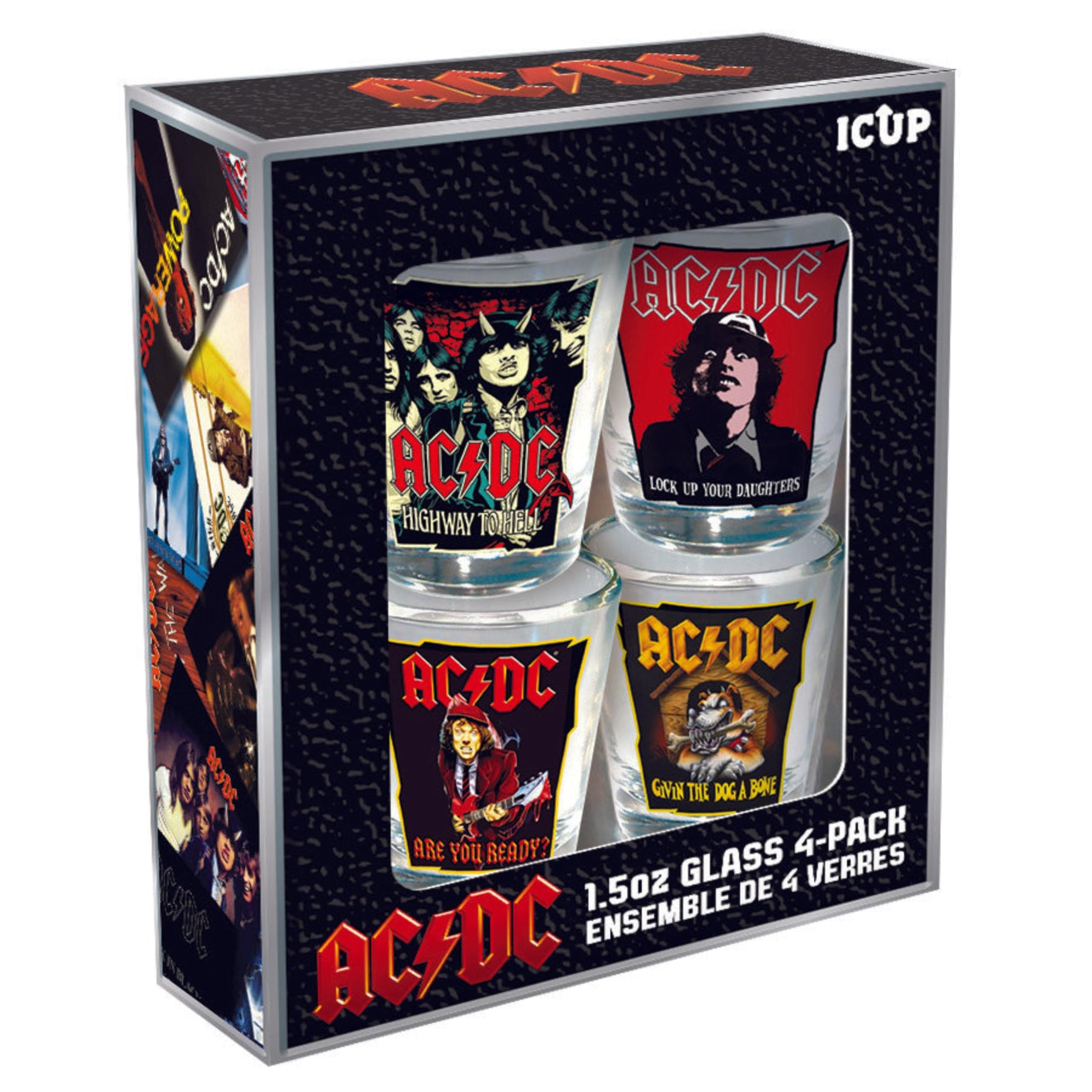 ICUP AC/DC Icons 4-piece shot glasses set arranged on a table, ideal for gatherings