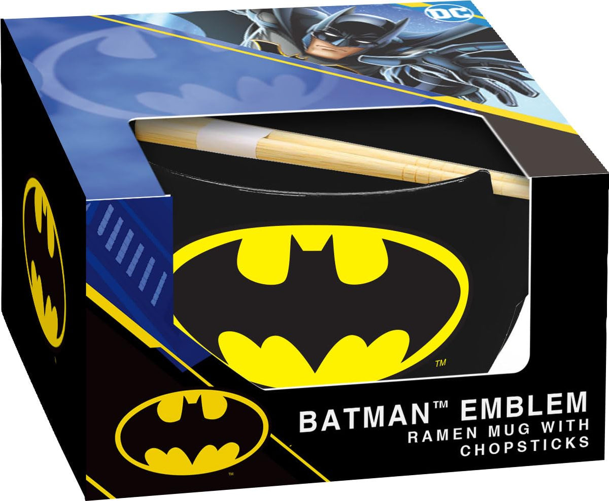 ICUP Batman emblem ramen mug with chopsticks, 24 oz capacity for satisfying servings.