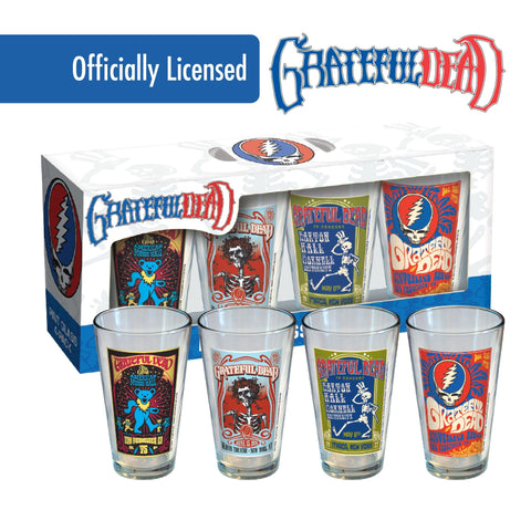 ICUP Grateful Dead tour pint glass close-up labels; vivid artwork enhances your home bar.