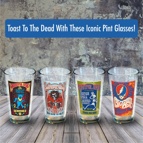 ICUP Grateful Dead tour pint glass hand-holding shot; ready for celebratory toasts.