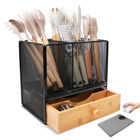 Idcymoul 2-in-1 utensil holder with drawer on counter.