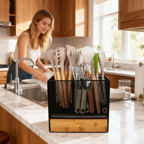 Idcymoul hidden drawer for forks and spoons keeps clutter down.