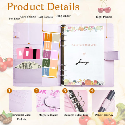 IdeaMarlle Recipe Book interior pockets keep cards and notes neatly organized.