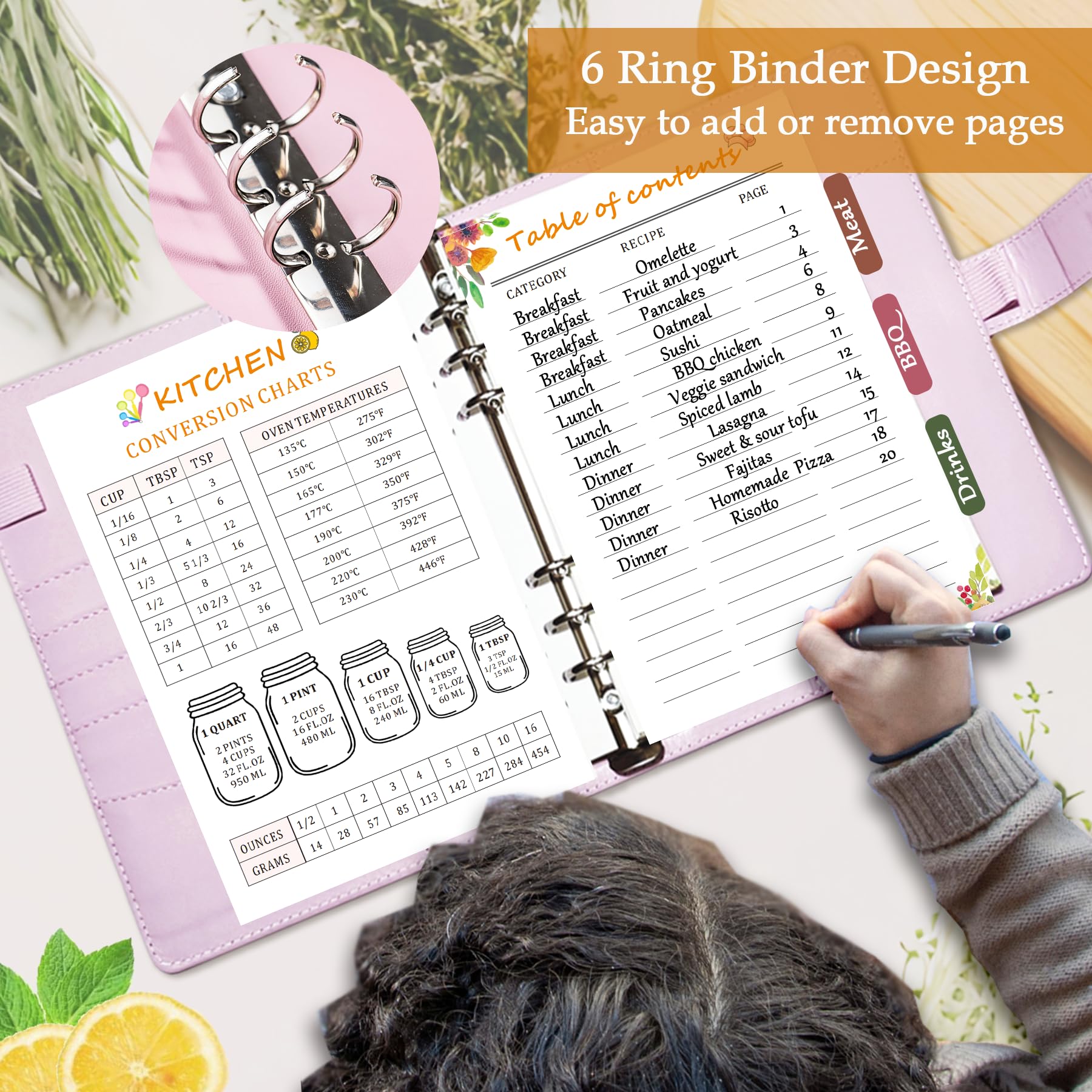 IdeaMarlle Recipe Book includes kitchen conversion chart for quick measurements.