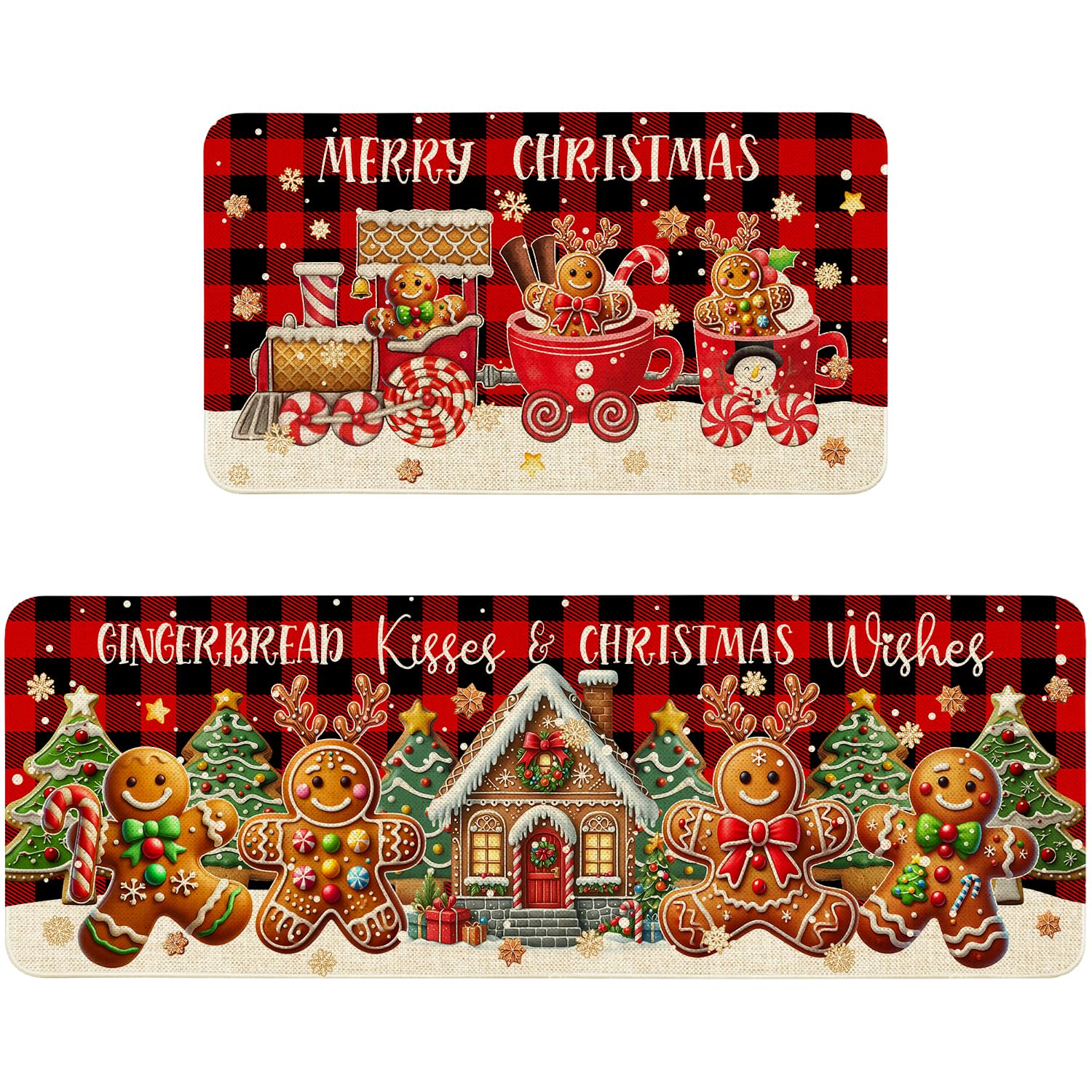 Ideasonna Christmas gingerbread kitchen mat front view with absorbent microfiber