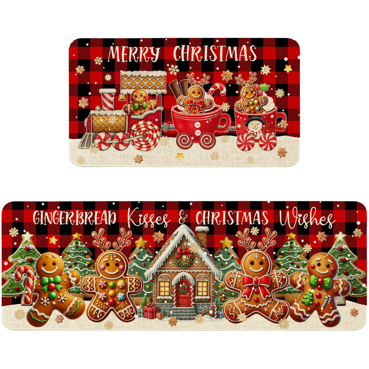 Ideasonna Christmas gingerbread kitchen mat front view with absorbent microfiber