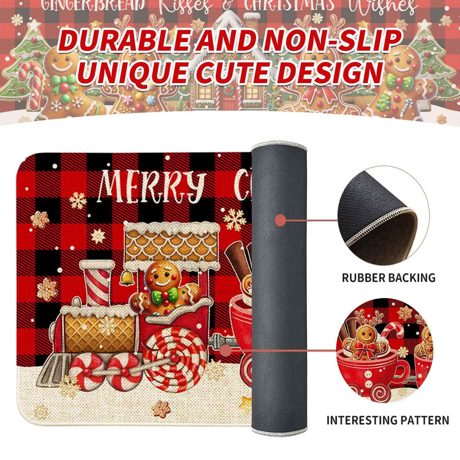 Ideasonna Christmas mat set displayed in kitchen with two sizes