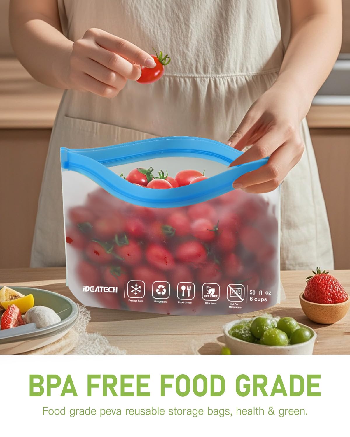 IDEATECH reusable bags in various sizes for meal prep and marinating.