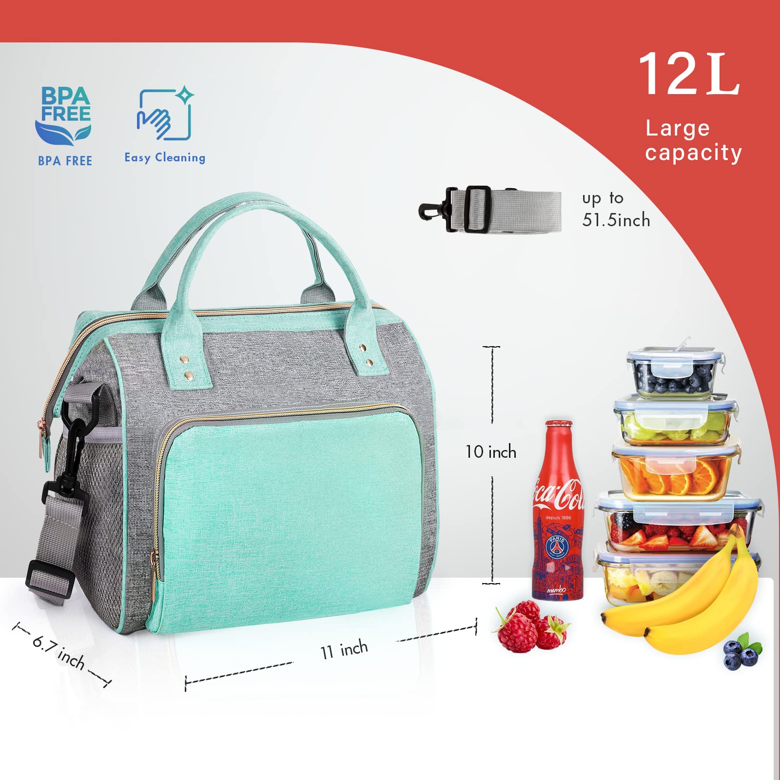 IDEATECH large lunch bag teal interior insulation promotes temperature control with spillproof lining