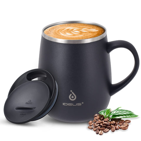 Ideus 16 oz insulated mug front view in storm black for everyday coffee on the go.