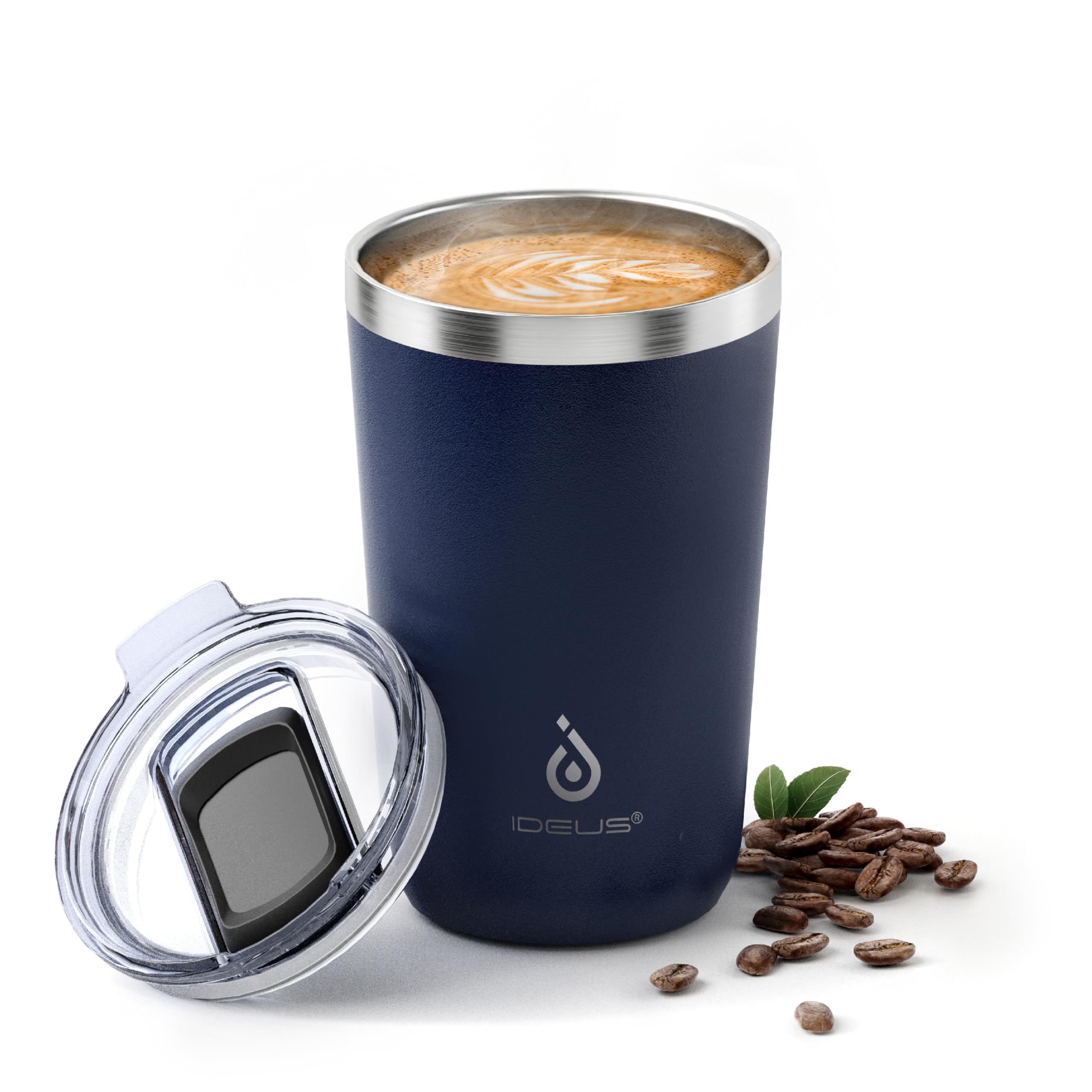 Ideus 20oz tumbler front view in navy showing color and durable build