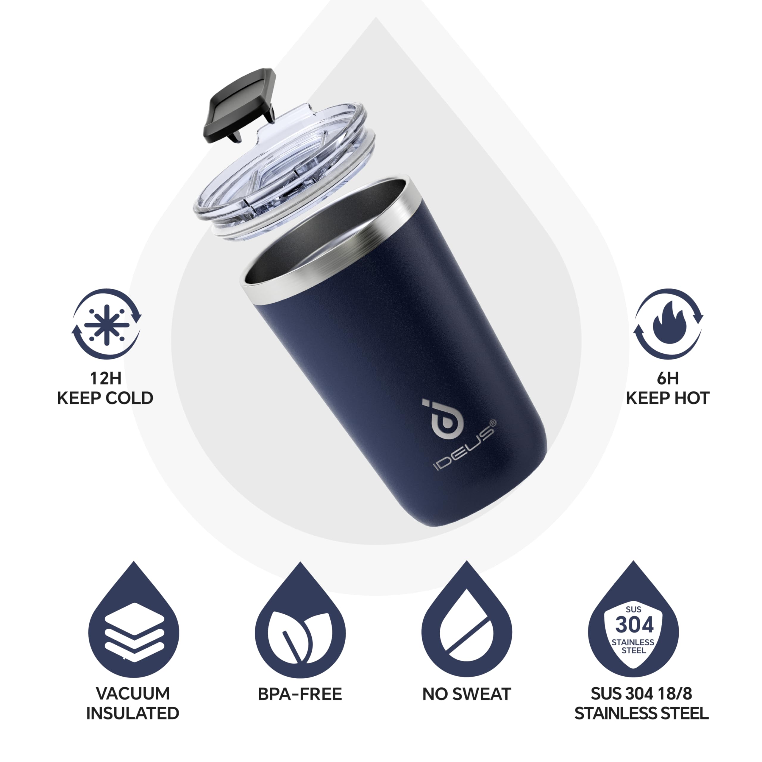 Ideus tumbler with splash-proof lid in navy for on-the-go use