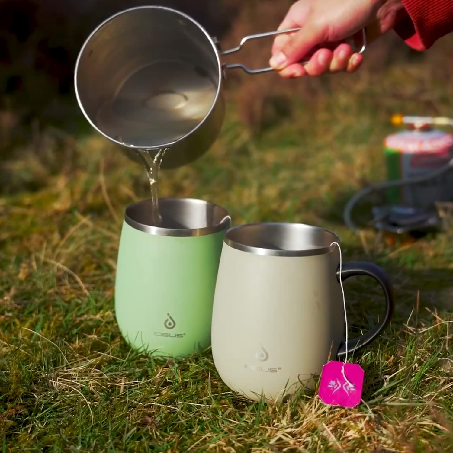 Ideus avocado-green mug shown in home office and outdoor settings