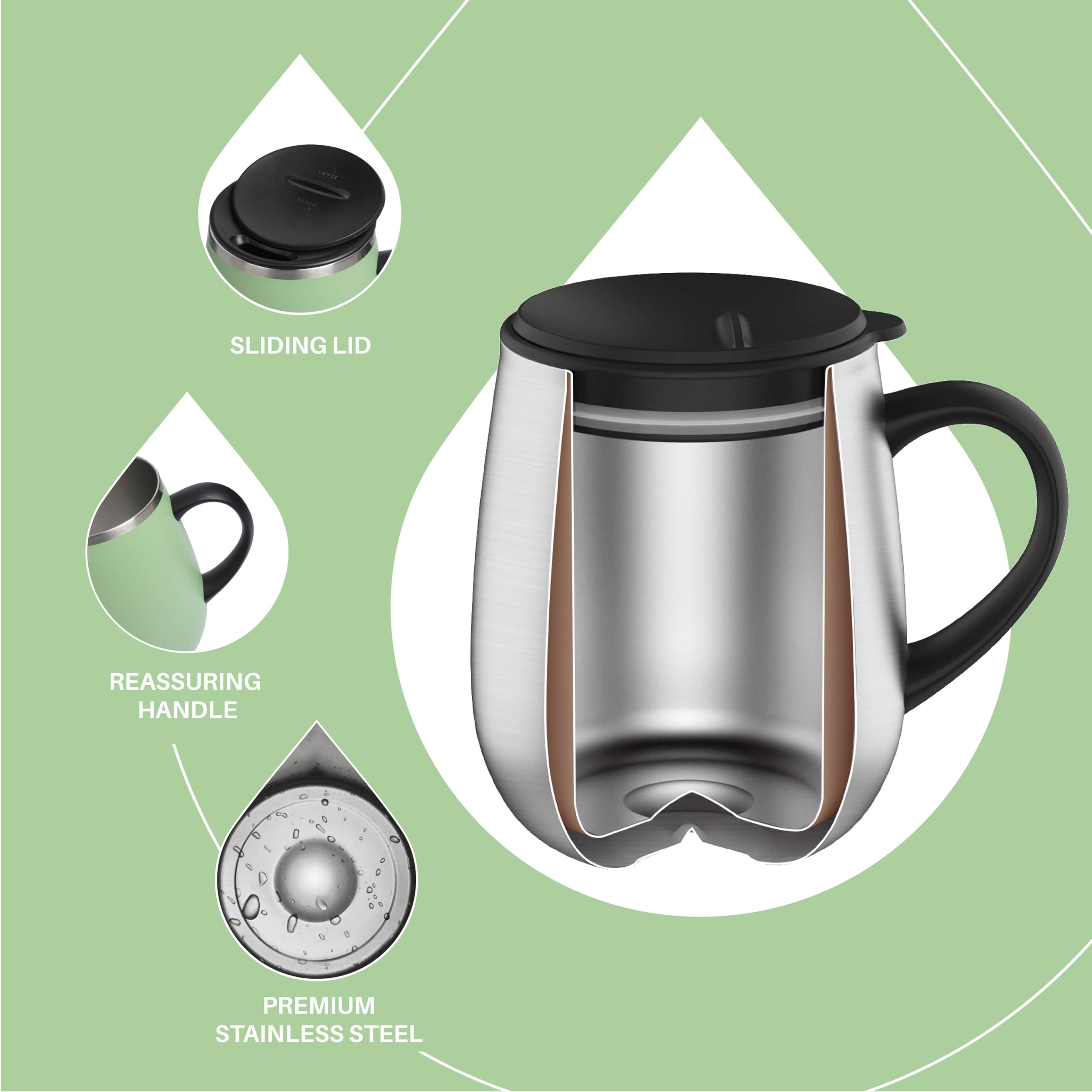 Avocado-green Ideus travel mug with lid for on-the-go sipping