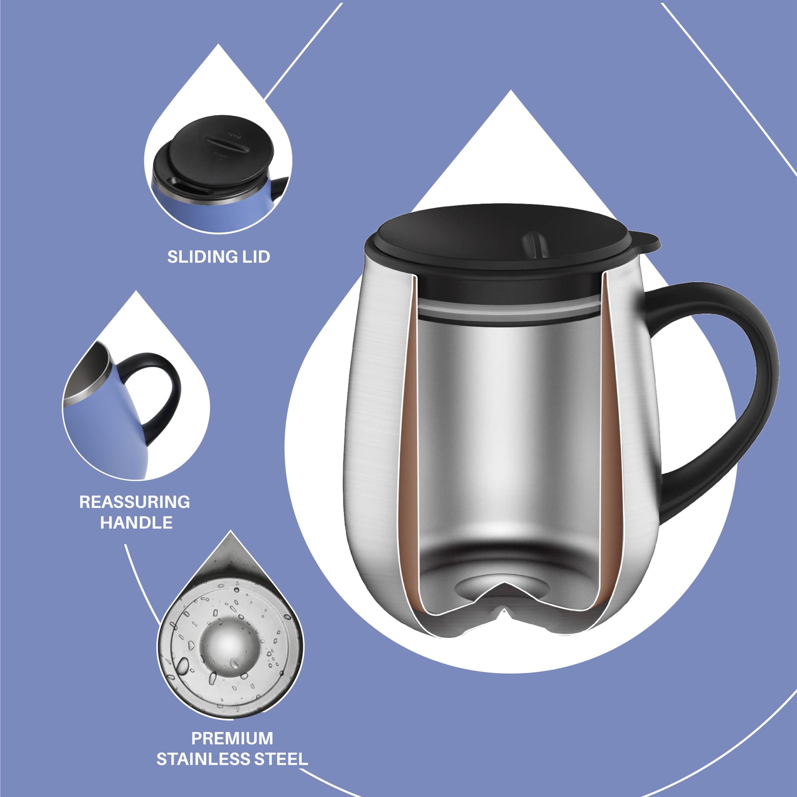 Ideus double-wall stainless steel Ocean Blue mug for hot or cold drinks.