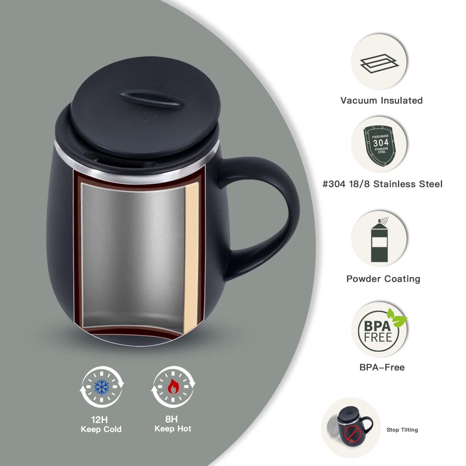 Ideus insulated mug side view with handle offering easy grip for travel and work.
