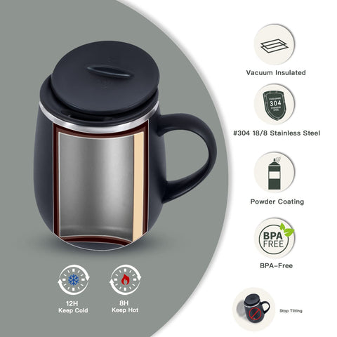 Ideus insulated mug side view with handle offering easy grip for travel and work.