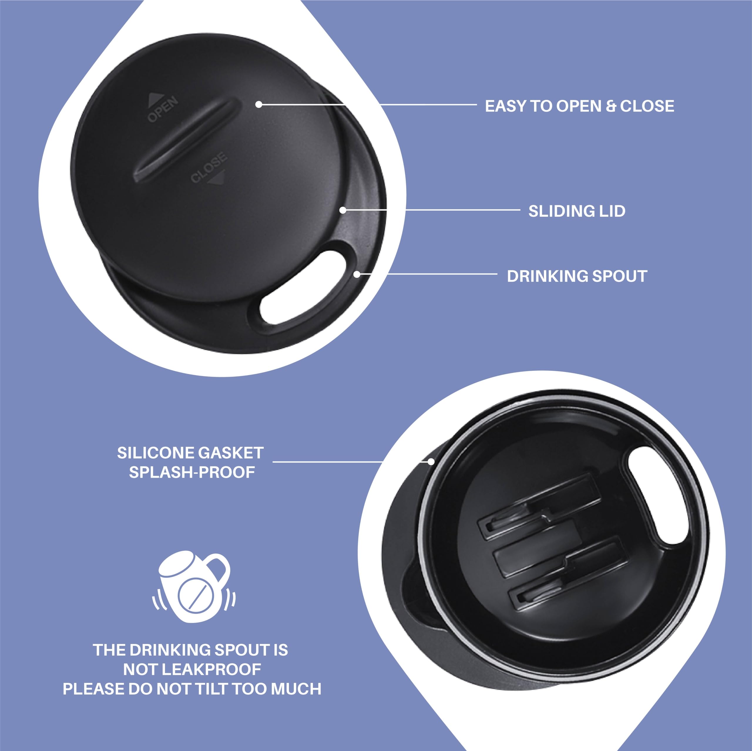 Ideus press-in lid with silicone gasket, close-up showing spill-proof seal.