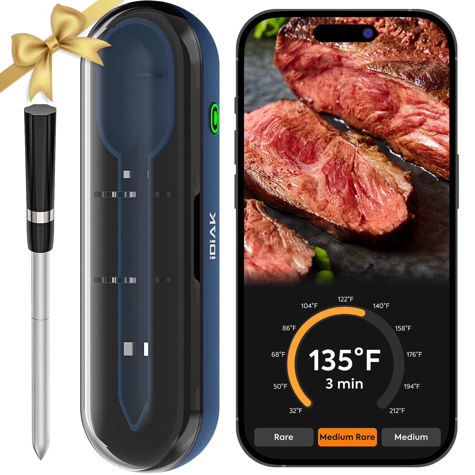 IDIAK wireless meat thermometer with Time Capsule charging hub enables precise temperature monitoring.