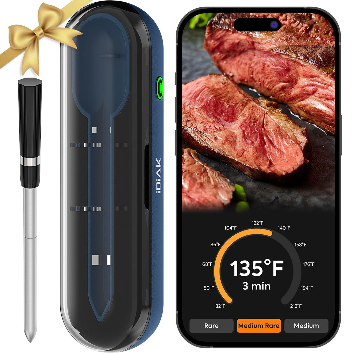 IDIAK wireless meat thermometer with Time Capsule charging hub enables precise temperature monitoring.