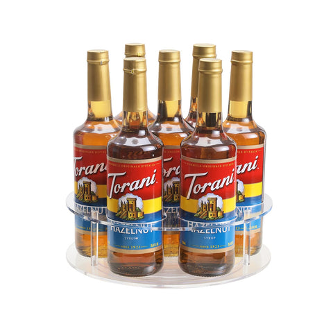IEEK large rotating syrup organizer displaying seven bottles on a kitchen counter