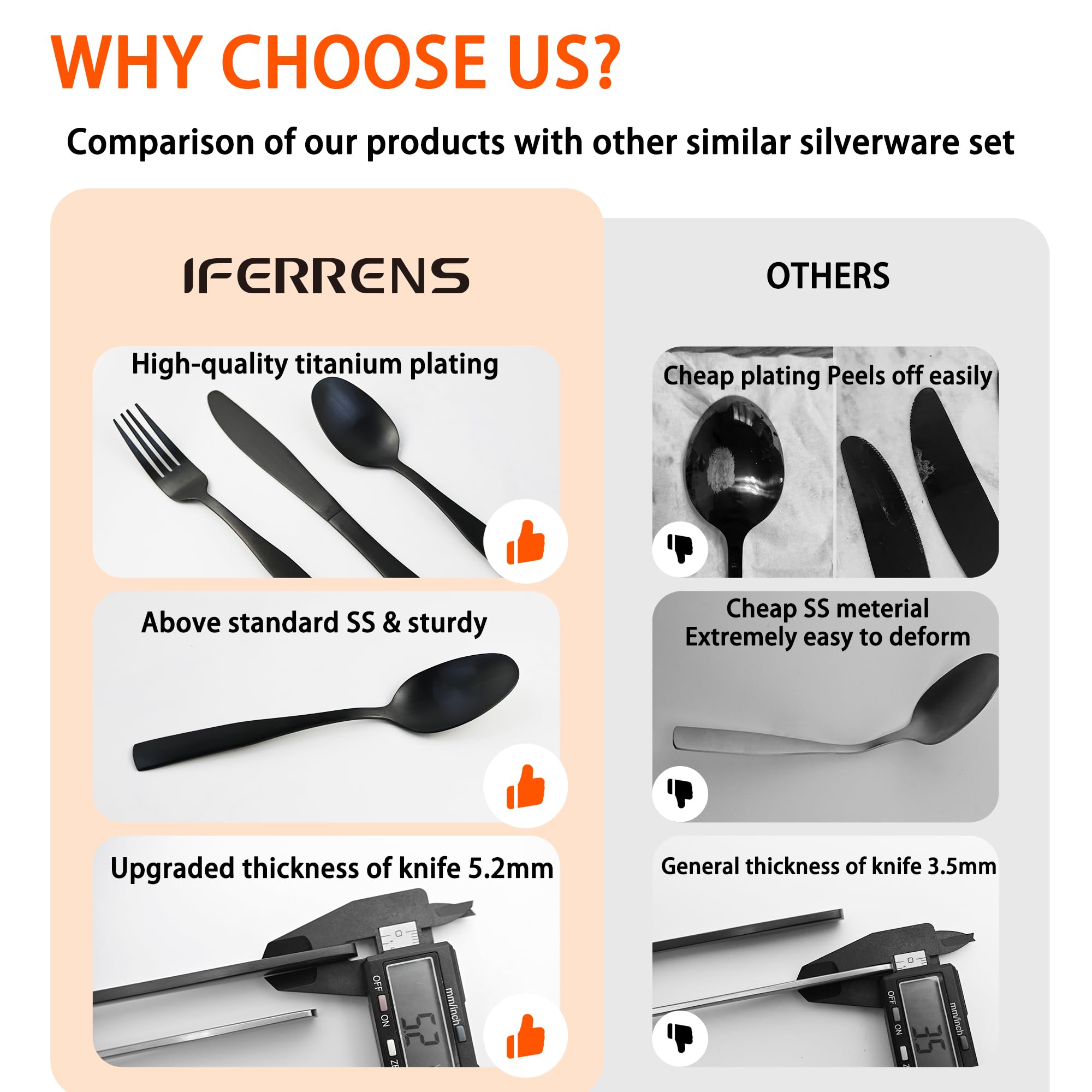IFERRENS matte black flatware close-up highlighting brushed finish and everyday durability.