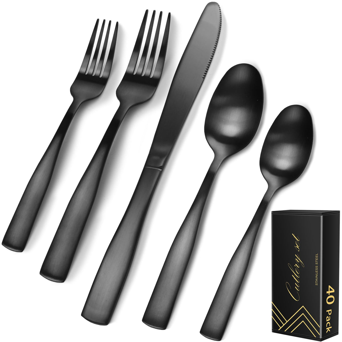 IFERRENS matte black silverware set laid out for eight on a modern dining table.