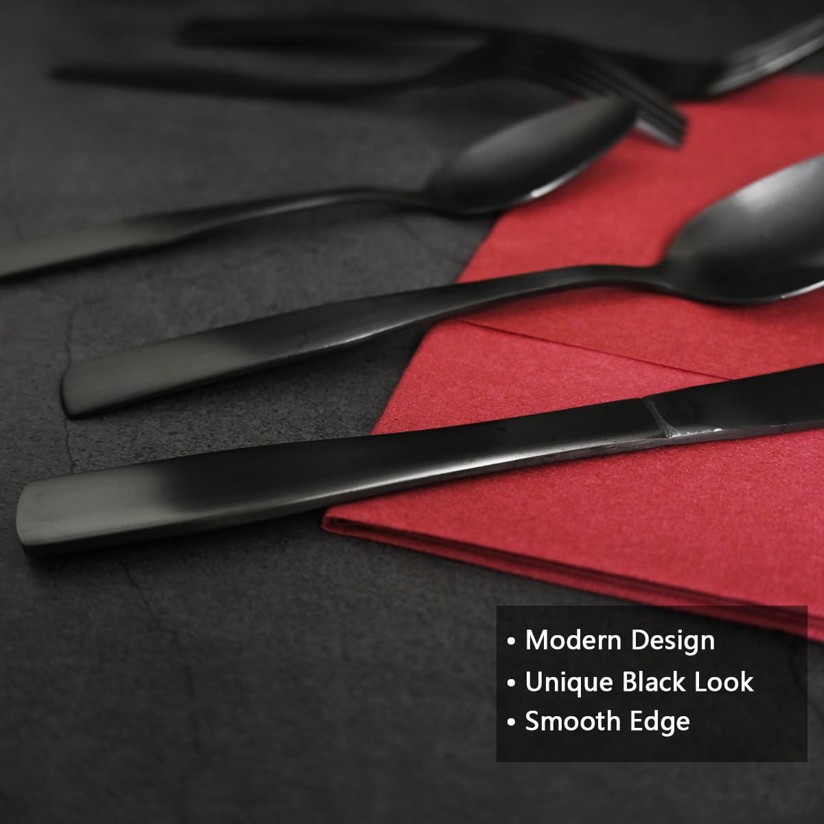 IFERRENS matte-black silverware on a table showing scratch-resistant, long-lasting finish.