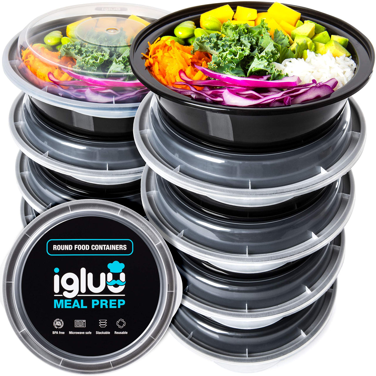 Igluu Meal Prep round 28oz container with lid keeps meals fresh and portable.