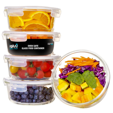 Igluu Meal Prep round glass containers, five-pack, for organized meals and durable storage