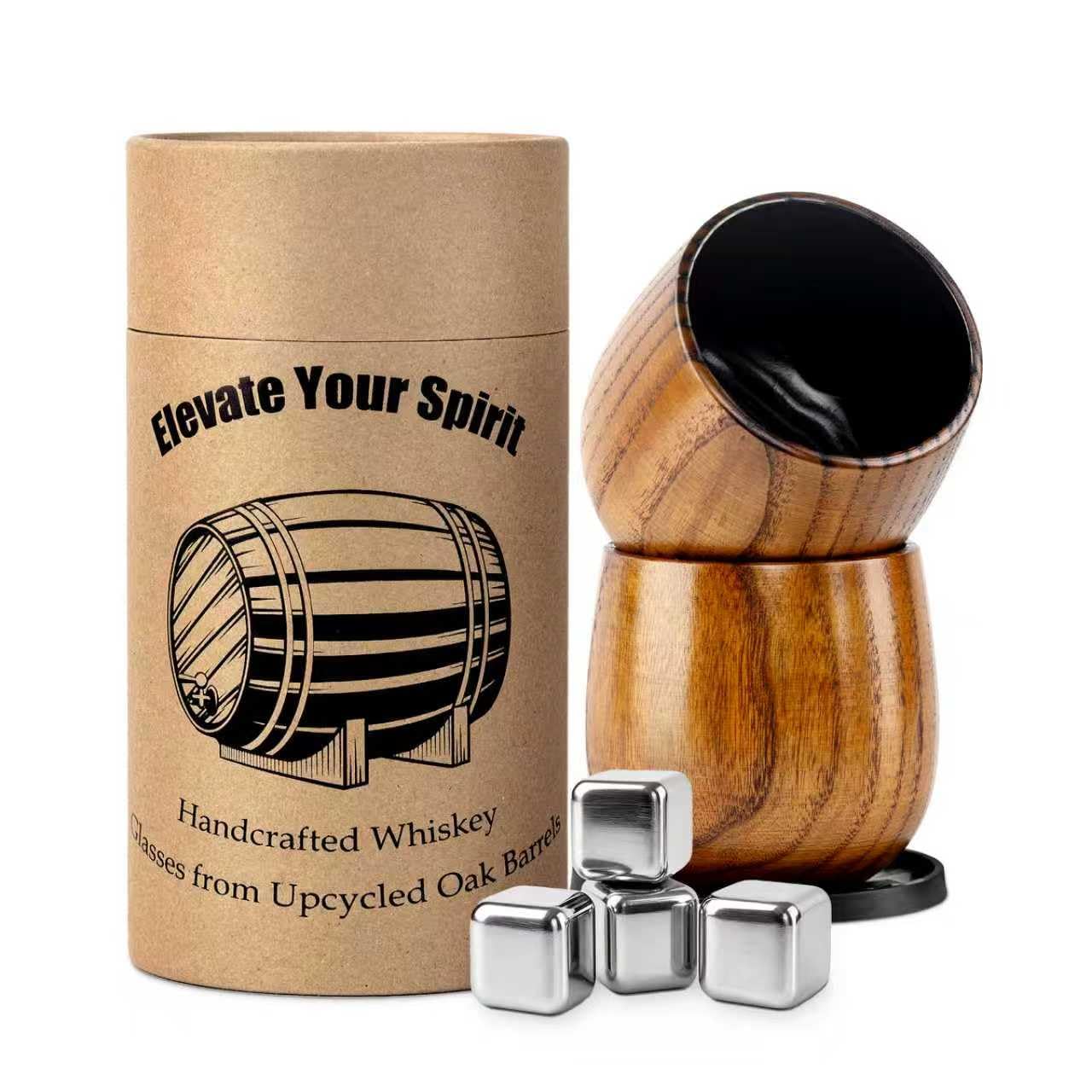 Ignismok two carbonized wood whiskey tumblers with unique grain and warmth.