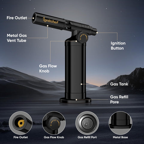 IgnitChef extended curved nozzle enables precise, safer flame control.